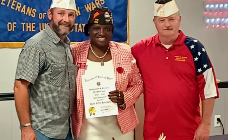 VFW Post 8076 Commander Ricky Sykes and Quartermaster Patrick Palmer receivied All-State caps from Georgia Department Commander Patsey Schreiber. Pictured from left are Quartermaster Palmer, Commander Schreiber and Commander Sykes.