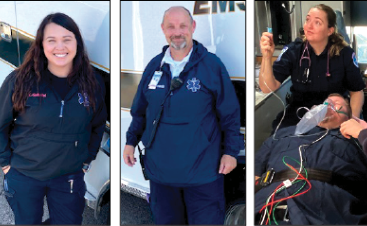 Pictured from left EMT Kayla Gabriel, Paramedic Forrest Briggs, and Paramedic Jenny Morgan as she treats a patient.