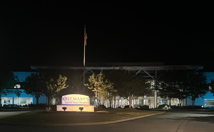 St. Mary’s Sacred Heart Hospital is lit up in teal in observance of Sexual Assault Awareness Month in April.