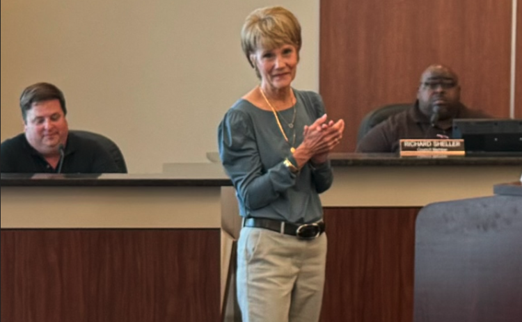 Main Street Hartwell Coordinator Peggy Vickery (center) was honored by the Hartwell City Council April 8 on her retirement.
