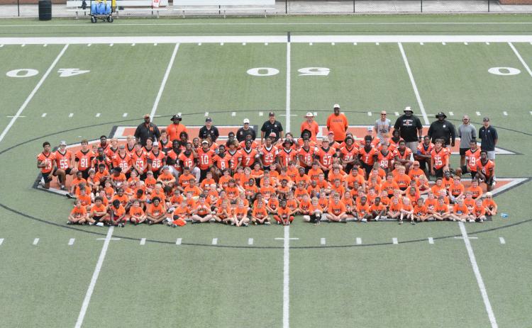 Pictured is all of the campers, high school players and coaches at the annual Little Bulldogs Kids Football Camp July 19.