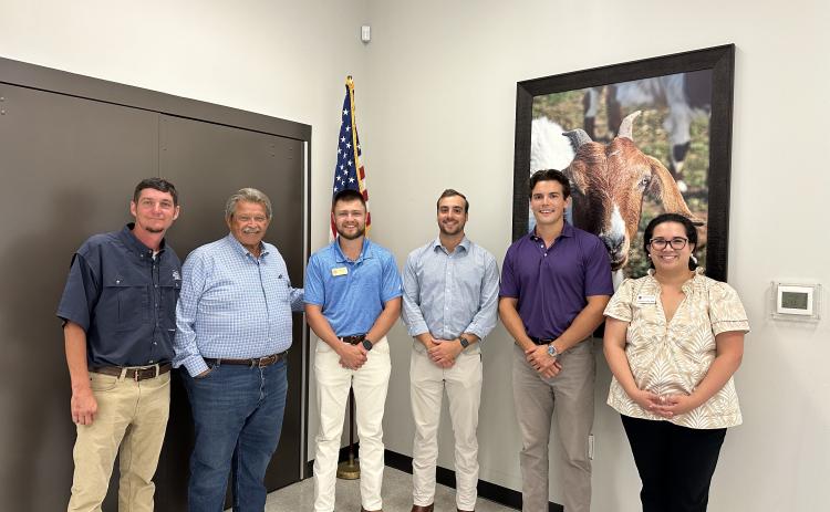 Distinguished guests pose during the Northeast Georgia Ag Update July 16 at the Hart County Agriscience Center (from left to right):  Brian Fleming, PTL Agriculture LLC; Alan Powell, Georgia State Representative District 33; Luke Hetland, North Georgia Field Director Office of Lieutenant Governor Burt Jones; Ben Parker, Georgia Farm Bureau National Affairs Coordinator; Adam Belflower, Georgia Farm Bureau Governmental Affairs Specialist; Rosanna Cruz-Bibb, UGA Archway Partnership