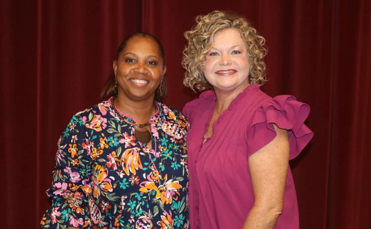 Pictured on left is the 2024-2025 Hart County Charter System Teacher of the Year, Mrs. Bridget Hill, a third-grade teacher at Hartwell Elementary School, alongside Superintendent Jennifer Carter, on right, after the district’s Convocation on July 29, 2024.