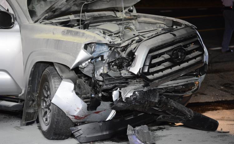 The wreckage of a 2022 Toyota Tacoma following an accident on Reed Creek Hwy. Aug. 15 that sent three people to the hospital.