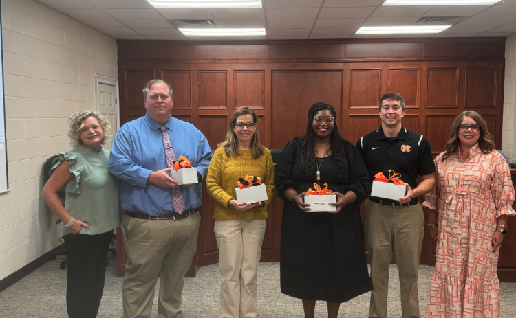 Hart County Charter System Principals were recognized by the Board of Education in honor of National Principals Month. Pictured above (from left to right): Superintendent Jennifer Carter, Hart County High School Principal Kevin Gaines, Hart County Middle School Principal Dr. Jacqueline Brock, Hartwell Elementary School Principal Ashley McNeill, South Hart Elementary Principal Marion Hanahan, and Board Chair Kim Pierce.