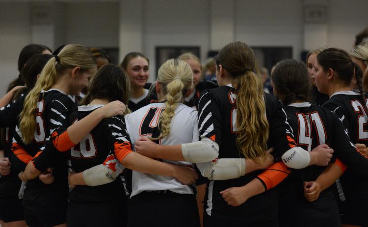 The Volley Dogs huddle up after a set earlier in the season.