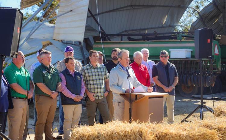 At a Friday press conference in Soperton, Gov. Brian Kemp announced the redirecting of $100 million to provide disaster relief financial support for farmers and debris cleanup for timber producers impacted by Hurricane Helene.