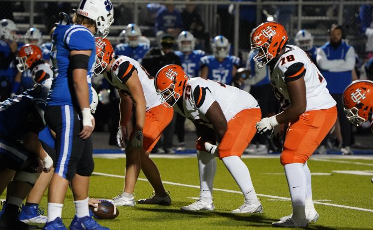 Bulldogs junior defensive tackle Bryce Durrett (73) gets down in his stance during the 19-0 loss at Ringgold. Photo by Greg Gaines.