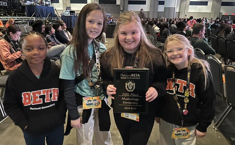 Hartwell Elementary’s Musicology team consisting of (from left to right): Christopher Fields, 4th Grade, Brooklyn Dennis, 5th Grade, Harper Hershberger, 5th Grade, Emmie Hershberger, 4th Grade took home fifth place at the National Beta state convention.