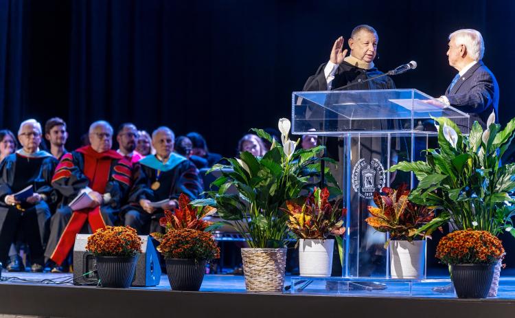 Rev. Greg Hearn (left) was sworn-in as the tenth president of Emmanuel College Nov. 15.