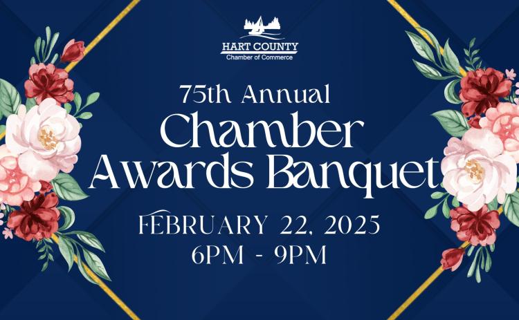The Hart County Chamber of Commerce’s 75th annual chamber awards banquet will be held Saturday, Feb. 22 from 6 p.m. to 9 p.m. at The Station of Hartwell.