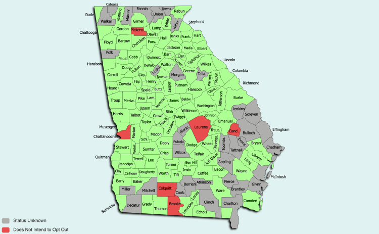 Superintendent Jennifer Carter presented a map during the Board of Education’s public hearing to opt out of House Bill 581 Monday that showed which boards of education across the state were holding hearings to opt out of the bill. Counties in green were holding hearings as of Jan. 24 while counties in red were choosing not to opt out. Gray counties were unknown as of Jan. 24. Graphic by Jackson Hensley of the Barrow County School System.