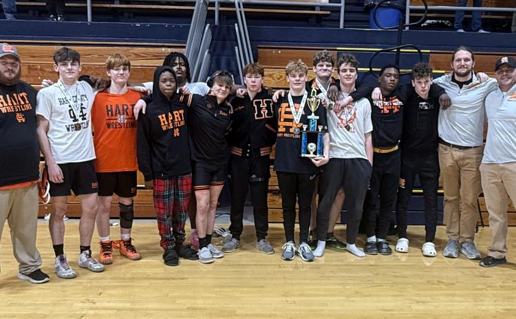 Pictured is the Hart County High School Mat Dogs as they placed third out of the 13 teams that competed at the Inferno Invitational at Elbert County High School on Jan. 25.