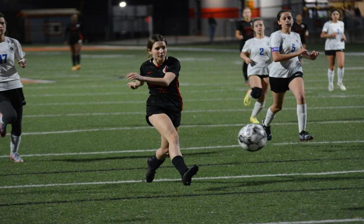 Autumn Ayers scores a goal in the 8-0 win over Banks County on Feb. 13.