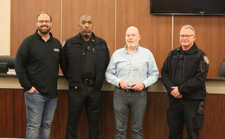 Sgt. Paul Agnew was recognized during Monday night’s Hartwell City Council Meeting for his 32 years of service to the Hartwell Police Department. Pictured during the meeting are (L-R) Mayor Brandon Johnson, Police Chief Anthony Davis, Agnew and Assistant Police Chief Stan Sayer.