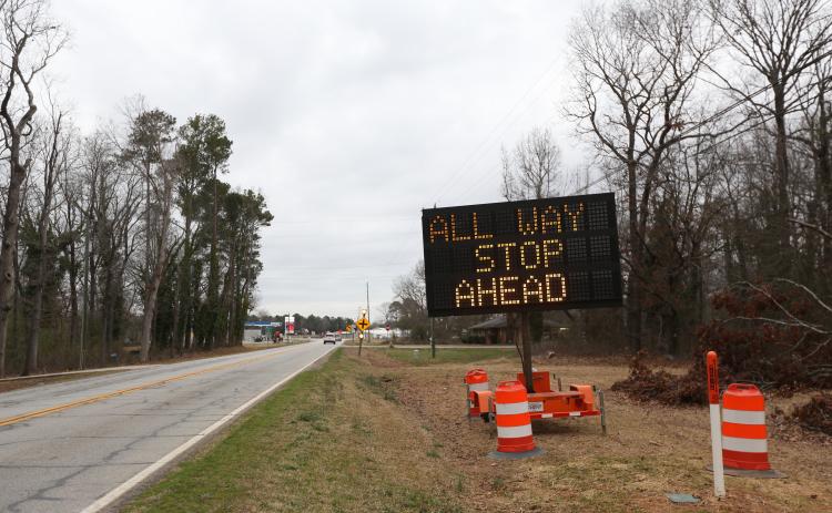 The intersection of Elberton Highway, Bio Church Road and Coldwater Creek Road/Cokesbury Highway will be a four-way stop Feb. 26. Signs from the Georgia Department of Transportation have been up on both sides on Elberton Highway for the past few weeks warning travelers of the change.