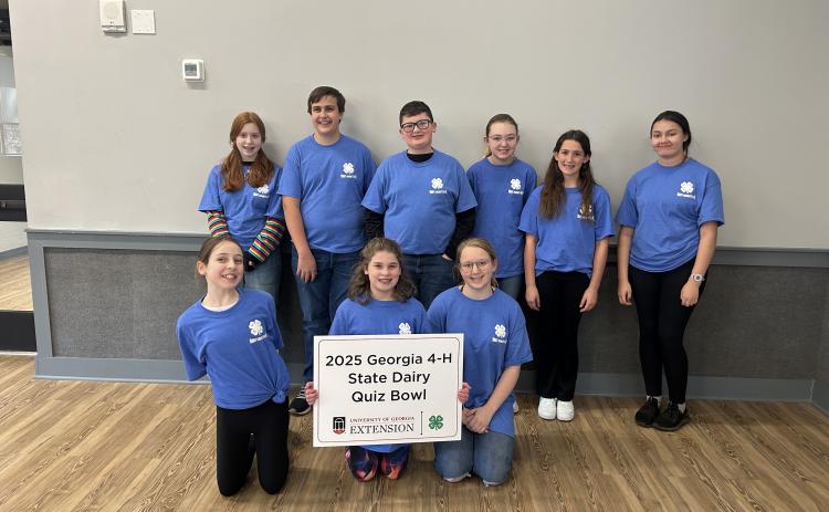 Pictured during the state Dairy Quiz Bowl competition at Rock Eagle are (front row, L-R) Lynlee Pilgrim, Evie Johnson and Calleigh Coggins; and (back row, L-R) Gracie Ricks, Lukas Smith, Rhett Wallace, Millie Colson, Marisa Berelc and Ashleigh Jones.