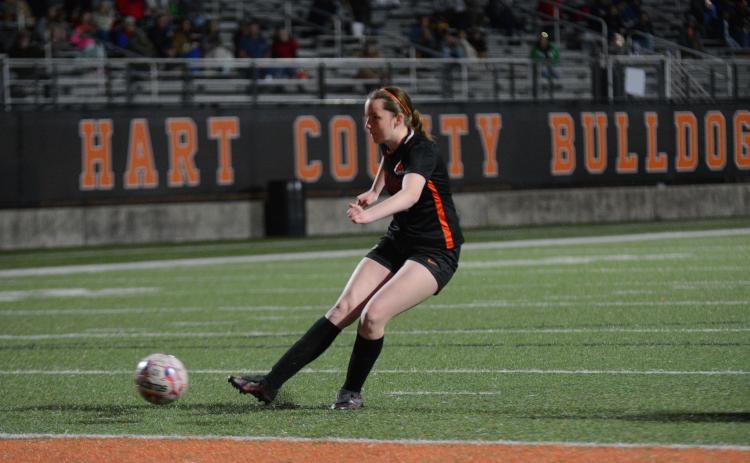 Junior Madison Heaton makes her penalty kick in the 3-2 loss to the Lady Patriots of Oglethorpe County in penalties.