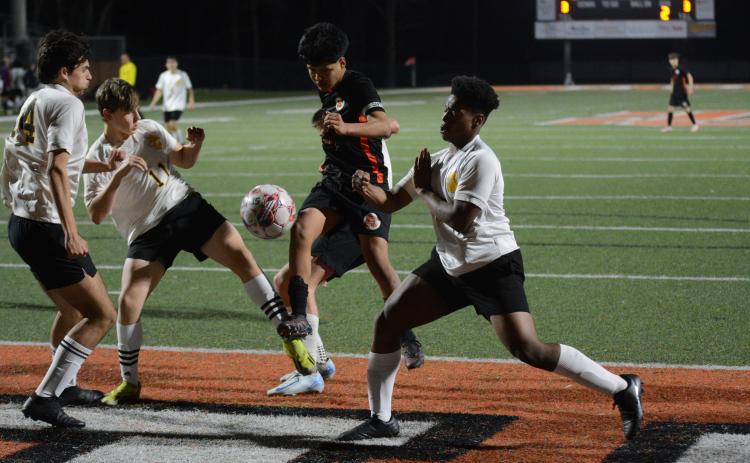 Sophomore Manuel Velazquez Sigala scores his second goal of the match in the 6-0 win over Crescent on March 4.