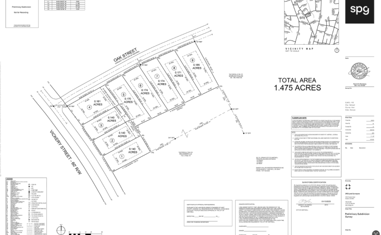 The Hartwell City Council approved this preliminary map as part of a rezone request for a nine single-family home subdivision on property located at the intersection of Vickery and Oak streets during its March 3 regular meeting.