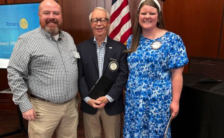 Pictured during the Rotary Club of Hartwell’s Feb. 27 meeting are (L-R) President Jason Ford, Membership Chair Earl Johnson and newest member, Rose Scoggins.