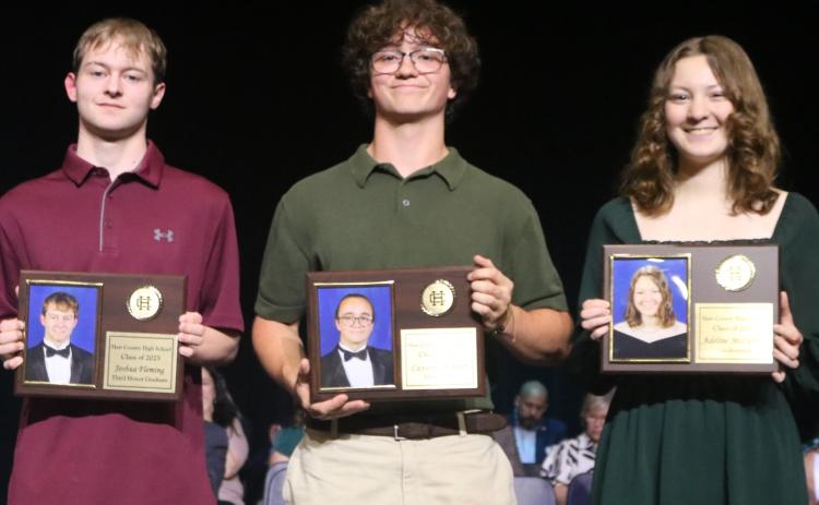 Third Honor Graduate Josh Fleming (left), Salutatorian Cayson Fechner (center) and Adeline McCurley (right) were honored for their academic achievements during the Hart County High School senior awards night May 5. (Photo/HCCSS)