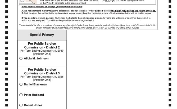 Voters will choose between a Democrat or Republican ballot when casting a vote in the special primary for public service commissioners in districts 2 and 3. Early voting begins Tuesday, May 27 with Election Day June 17. (Sample ballots provided by the Hart County Board of Elections and Registration Office)