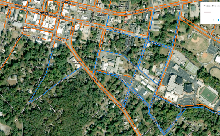 An additional 20,000 feet of new sidewalks that will connect Hart County schools to residential neighborhoods and the downtown area are set to be placed in the City of Hartwell after the city council approved a $1 million Appalachian Regional Commission Sidewalk Grant Project during Monday night’s meeting. In the proposed map of the sidewalk locations above, the blue lines reflect the new sidewalks while the orange lines reflect current sidewalks. (Map courtesy of the City of Hartwell)
