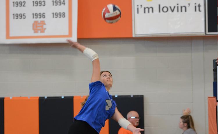 Rising sophomore right side hitter Coley Phillips goes for the kill during a summer practice. (Photo/Benjamin London)