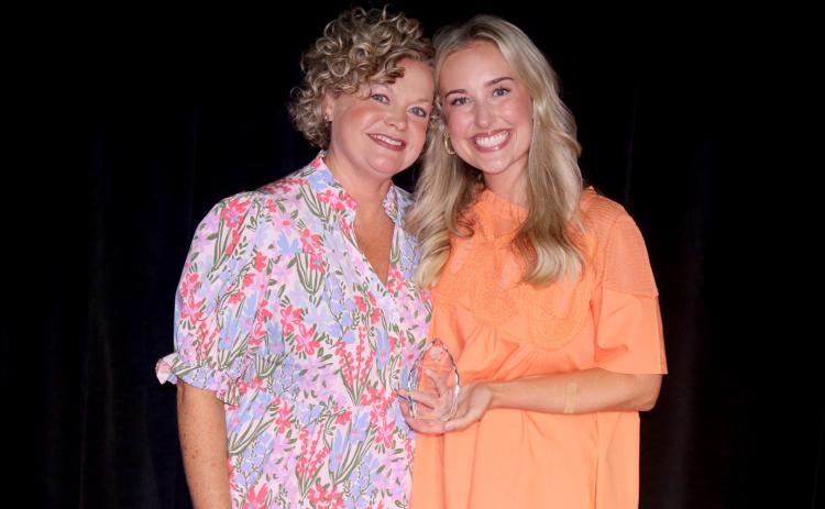 Hartwell Elementary School teacher Betsy Brown (right) was named the Hart County Charter System’s 2025-2026 Teacher of the Year during the district’s annual convocation July 30. Brown is pictured with Superintendent Jennifer Carter (left). (Photo by Grayson Williams)