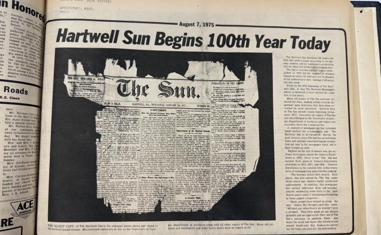 The front page of the Aug. 7, 1975 edition of The Hartwell Sun boasted the paper was beginning its 100th year with the printing of that week’s paper. 50 years later, we’re taking their word for it and kicking off celebrating our 150th year. (Photo from the Aug. 7, 1975 edition of The Hartwell Sun)