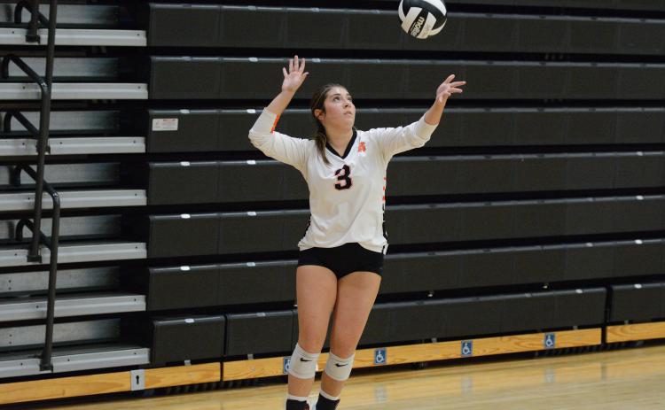 Junior setter Josee Fleming serves the ball into play during the match with the Lady Devils of Elbert County. (Photo by London)