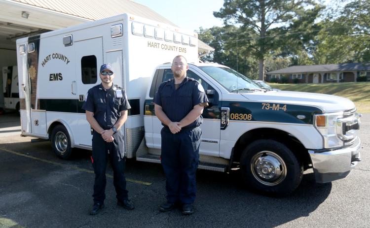 Hart County Emergency Medical Services (EMS) paramedic Stoney Norris (left) and advanced emergency medical technician (EMT) Mike Evans are just two of the crew members with Hart County EMS that have a heart for serving the community through patient care. (Photo by Rose Scoggins)