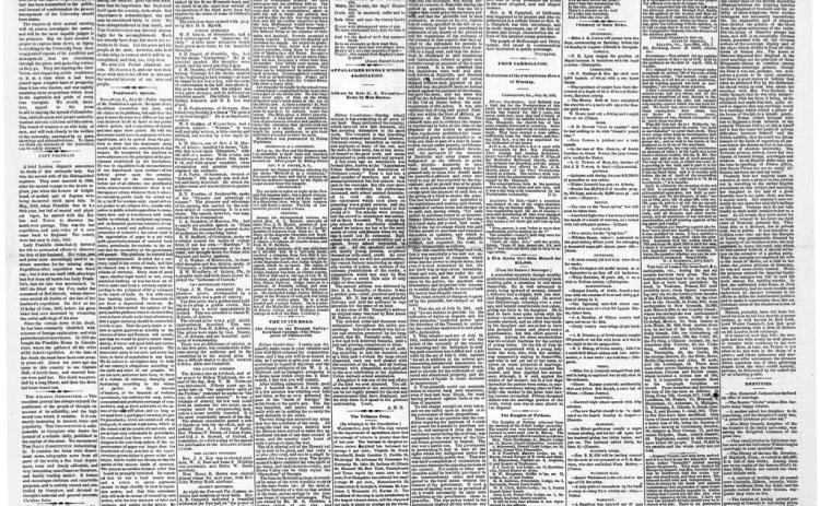 The front page of the July 27, 1875 edition of The Atlanta Constitution reported Hartwell high school had opened with 50 scholars and that the new Baptist church was set to be dedicated the fourth Sunday in August. (First page from Georgia Historic Newspapers)