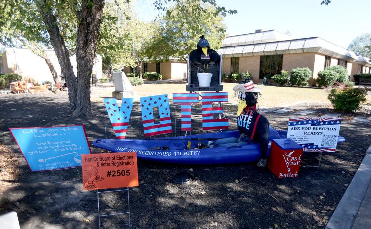 The Hart County Board of Elections and Voter Registration’s scarecrow is all about voting. The display features information to help citizens make sure they are “Election Ready” in preparation for the two elections taking place Nov. 4. (Photo by Rose Scoggins)