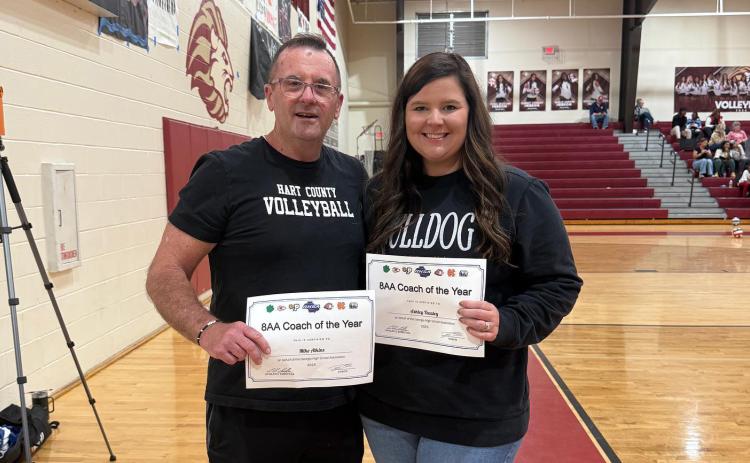 Volley Dogs’ assistant coaches Mike Atkins (left) and Ashley Teasley (right) were honored as the Region Coaches of the Year for Region 8-AA. (Photo submitted by Hart County Volleyball)
