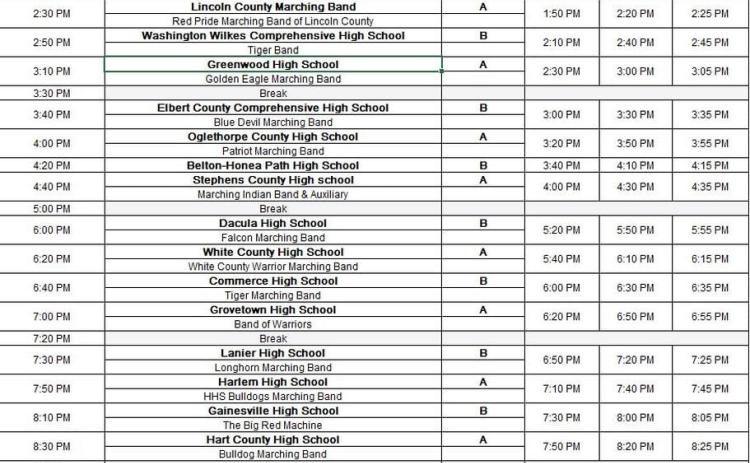 The Bulldog Marching Band’s annual Lake Hartwell Marching Competition is scheduled for Saturday, Oct. 18 at Hart County High School. The first band is set to perform at 2:30 p.m. Hart County is scheduled to take the field at 8:30 p.m. Tickets are $10 for adults and free for children ages five and under. (Schedule courtesy of the Bulldog Marching Band)