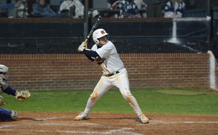 Senior outfielder Boston Graham 2-2 with two runs, a run batted in and also drew two walks in the 13-11 loss to Elbert County Feb. 24. Photo by Benjamin London.