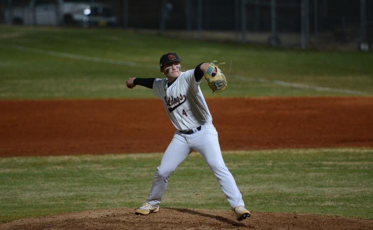 Junior pitcher Riley Sanders pitched three scorless innings in relief while striking out six and allowing one hit in the 7-6 win over Banks County Feb. 9. Photo by Benjamin London.