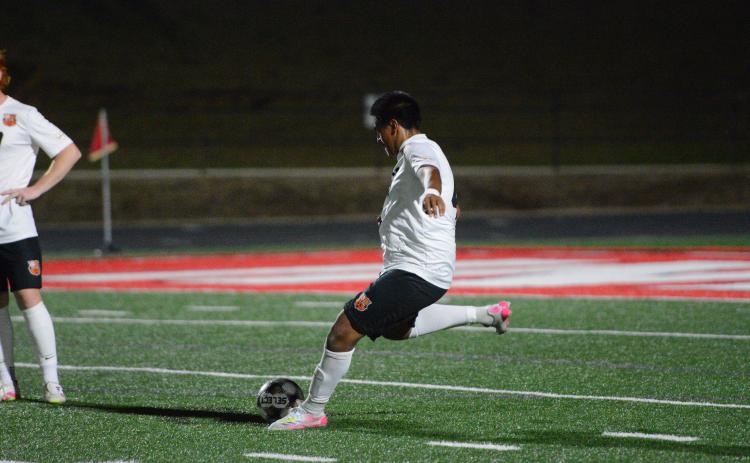 Defensive back German Franco sends the up the field on a free kick in the 3-1 loss to Stephens County March 20. Photo by Benjamin London.
