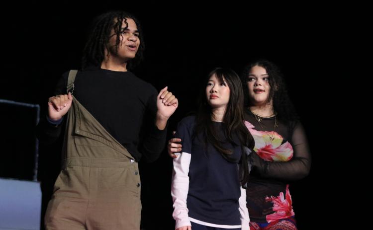 Pictured are Hart County High School Drama students William Humphries, left, McKaylie Huynh, center, and Sophia Hernandez, right, performing during a rehearsal of Mean Girls JR. in the Lonnie Burns Fine Arts Center. Photo by Grayson Williams.