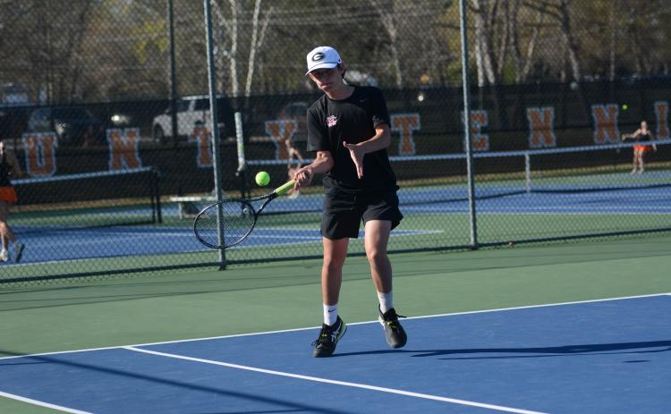 Despite falling against Hebron, 2-6 and 1-6, at No. 2 singles March  19, Jacob Moon responded with a 6-0 and 6-2 win over BASA March 20 and a 6-3 and 6-1 win over East Jackson March 24. Photo by Benjamin London.