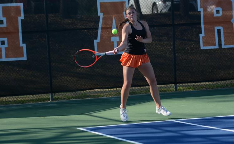 Despite falling against Hebron, 0-6 and 0-6, at No. 1 singles March 19, Lyla Phillips responded with a 6-0 and 6-3 win over BASA March 20 and East Jackson March 24. Photo by Benjamin London.