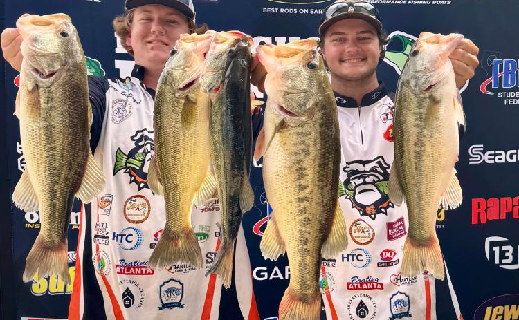 Hart County High School sophomore Kain Norris (left) and senior Cooper Sanders (right) have qualified for the Major League Fishing High School National Championship and World Championship on Lake Cumberland in Kentucky in June after reeling in the 2026 TBF Georgia State Championship April 4 on Lake Hartwell. (Photo courtesy of Kayla Segars)