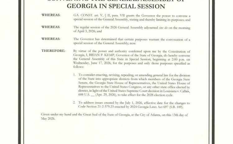 Gov. Brian Kemp signed a proclamation May 13 calling the Georgia General Assembly to return to the Capital for a special legislative session to begin June 17 for two election-related issues. 