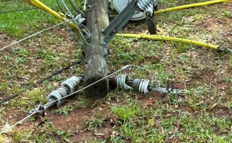 A just over 30 minute severe afternoon thunderstorm included an estimated 75 miles per hour peak winds and did damage through Hart and Elbert counties Monday afternoon. Downed trees and power lines were reported at at least 44 locations across the county. Photo courtesy of Hart EMC.