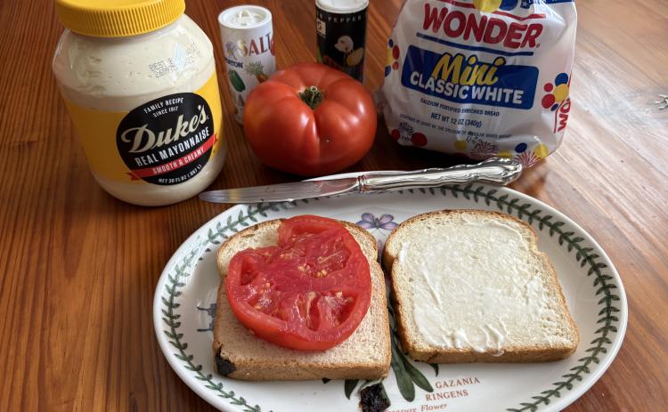 A home-grown tomato sandwich is a celebration of summer. All you need is a slice of juicy tomato big enough to cover a piece of white bread, a slathering of Duke’s mayonnaise and sprinkles of salt and pepper. And if you like BLTs, by all means, add bacon and lettuce. Photo by Dink NeSmith.