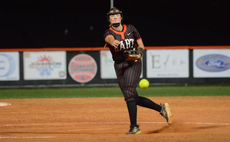 Senior pitcher Chesnee Strickland has had back-to-back impressive performances in the circle, as she pitched 13 innings, allowed 10 hits, four runs, three earned runs, issued three walks and struck out 13 in the 2-1 loss to Lumpkin County Sept. 24 and the 2-0 loss to Morgan County Sept. 29. Photo by Benjamin London.