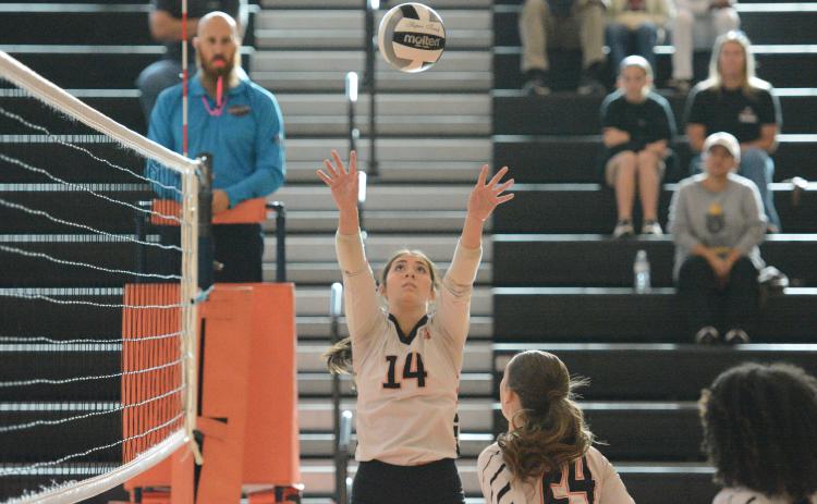 Senior setter Josee Fleming sets the ball up for an assist, as she became the schools’ all-time assist leader with 1,666 assists in the 3-0 win against Pike County in the first round of the state playoffs Oct. 17. Photo by Benjamin London.