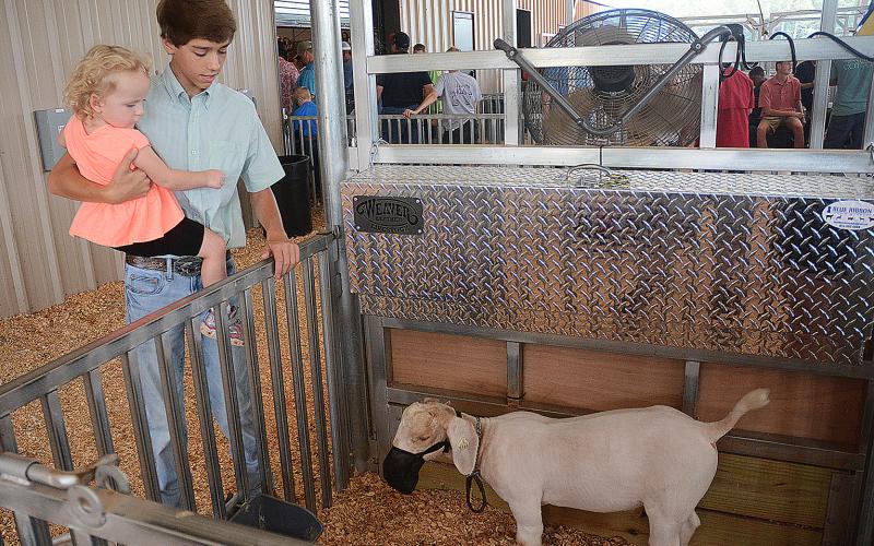 Jacob Adams, of Hart County, holds Annalise Jordan as they observe Ranger the goat in his pin.